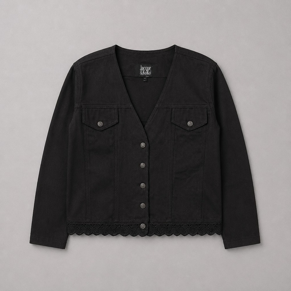 Vintage Jacque & KoKo Black Denim Jacket Lace Trim Boho Plus Size 18/20 EUC